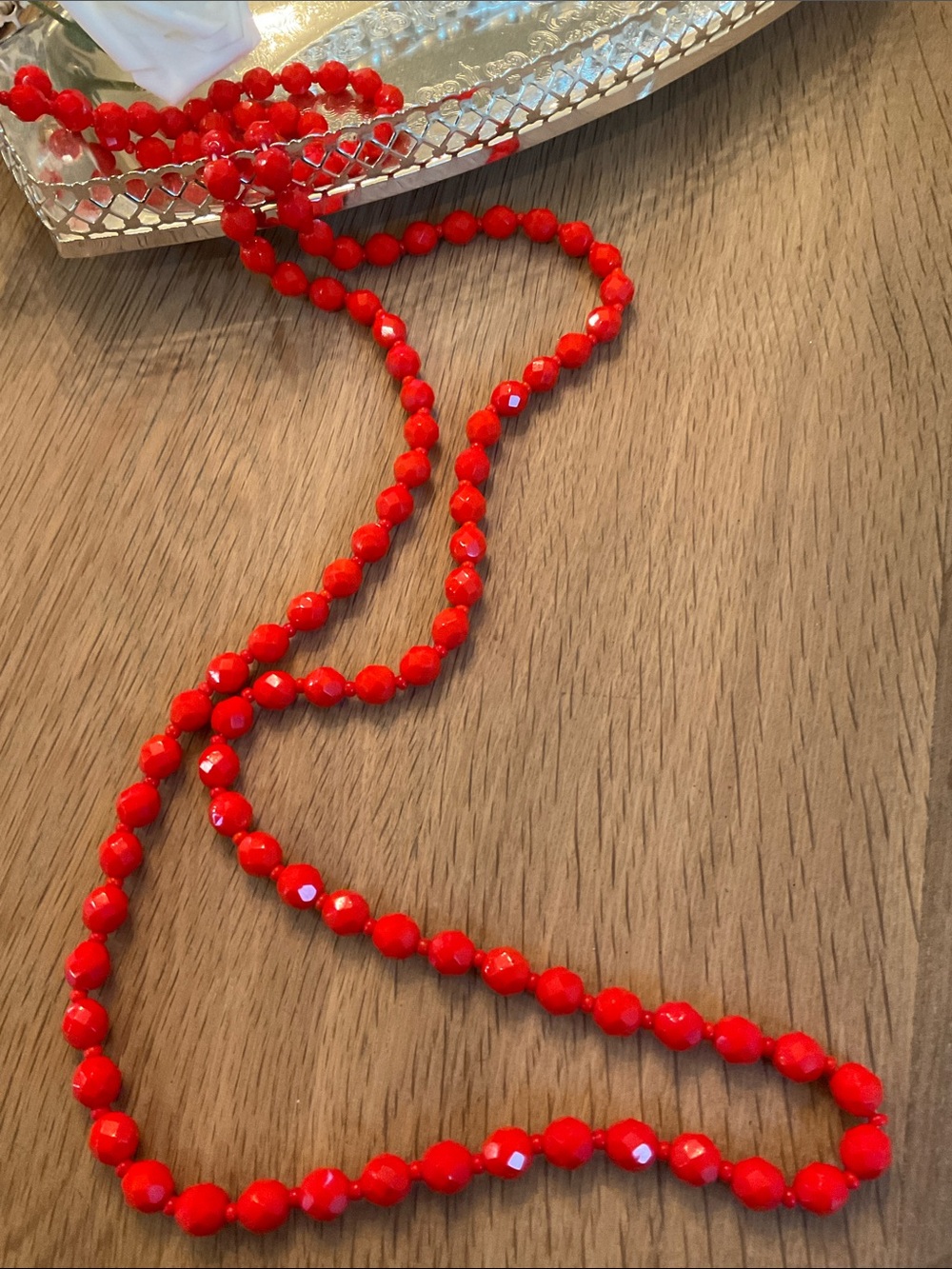 Vintage Cherry Red Faceted Glass Bead Necklace Flapper Opera length